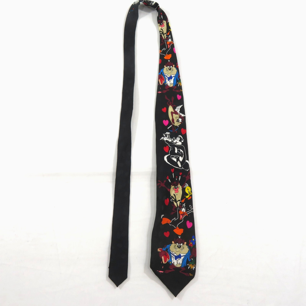 Looney Tunes Mania Taz Hearts Tie Valentines Silk Vintage 1994 Black Colorful